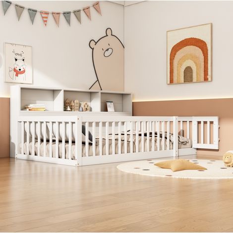 lit enfant rangement 90x200 bois blanc avec barriere OKMYHOME (1/5)