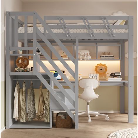 Lit mezzanine 90 x 200 cm avec bureau, rangements, LED, prise USB, escalier, bois gris (1/5)