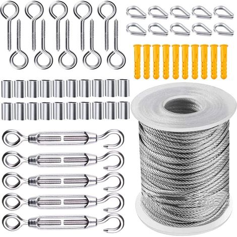 Kit di fune metallica da 50 m, tenditore per cavo in acciaio da giardino, kit di fune in acciaio inossidabile per appendere oggetti, cavo in acciaio inossidabile rivestito in nylon per stendibiancheri