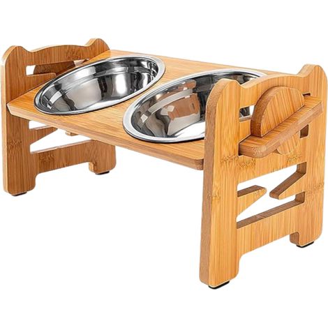 Soporte para cuencos de bambú y madera, cuenco doble para perros pequeños y medianos, soporte de madera ajustable para gatos y perros, dispensador de croquetas alrededor del cuello. (1/5)