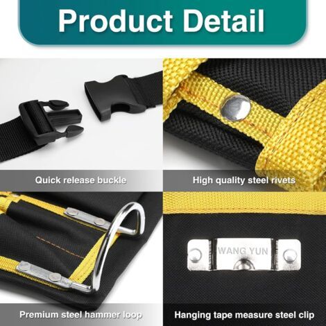Cinturón portaherramientas ajustable de tela Oxford – 11 bolsillos y 2 presillas para martillo – Longitud: 21"-43" – Para electricistas y aficionados al bricolaje (1/4)