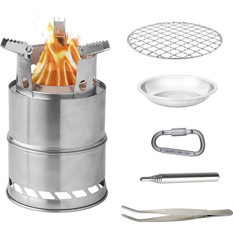 Réchaud de camping portable en acier inoxydable, à gazéification, multi-combustible (bois/combustible solide) avec grille et accessoires (1/5)