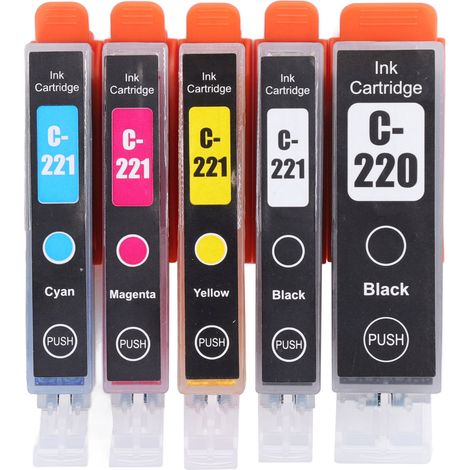 Cartouches d'encre 220-221 avec remplissage, compatibles PIXMA IP3600 IP4600 IP4700 MX860 MX870 MP550, pack de 5 couleurs (BK BK C M Y), pour imprimantes Amérique Nord Centre Sud. (1/5)