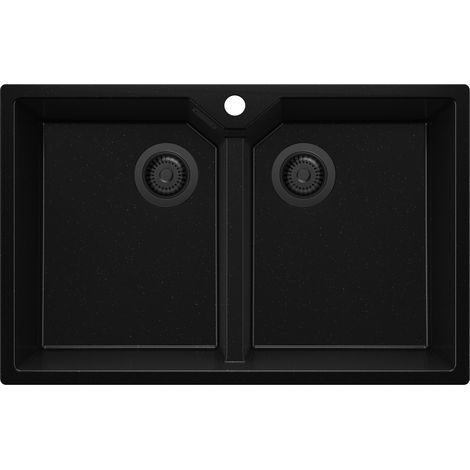 PRIMAGRAN Evier Cuisine en Granit 78x50cm, Lavabo 2 bacs + Kit de Vidage, Évier à Encastrer au meuble 80cm - Madrid Twin, Tout Noir (1/5)