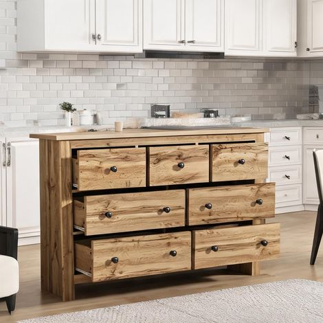 Buffet bas en bois 7 tiroirs avec rangement spacieux coloris bois (1/5)