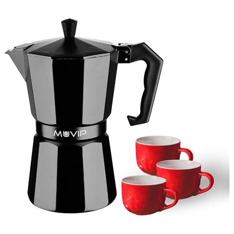 MUVIP - Macchina da caffè de alluminio MV0606, capacità de 3 tazze, impugnatura ergonomica, antiaderente, compatibilecon cucine elettriche, in vetroceramica e a gas, colore nero opaco