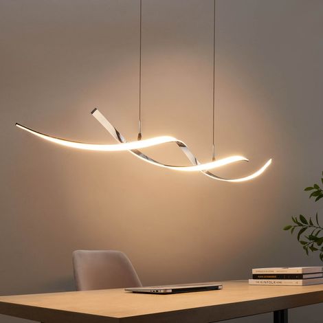 Kosilum – Suspension LED double barres ondulées 110 cm – Finition argentée chromée – Éclairage tendance pour grandes pièces – Installation facile (1/5)