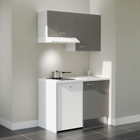 Kitchenette K01L-PT - 120 cm - plan stratifié, évier inox, - Façade Gris - Plan Blanc - Crédences Non + Electroménager inclus coloris Blanc