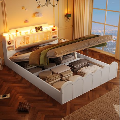 Paneelbett 140x200 cm Weiß aus Holzwerkstoff mit Hydraulik, USB-C, LED und Stauraum (1/5)
