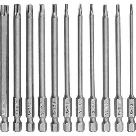 Lot de 11 tournevis magnétiques Torx 100 mm T6-T40 avec poignée hexagonale 1/4", outils électriques pour visseuse sans fil T20 T25 (11) (1/5)