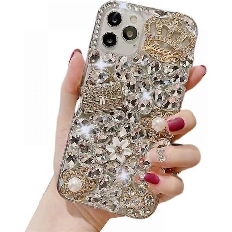 Luxuriöse Handyhülle mit Krone und Strasssteinen, passend für das iPhone 13 Pro Max. Rundumschutz mit weichen Kanten für optimalen Schutz. Weiß. (1/4)