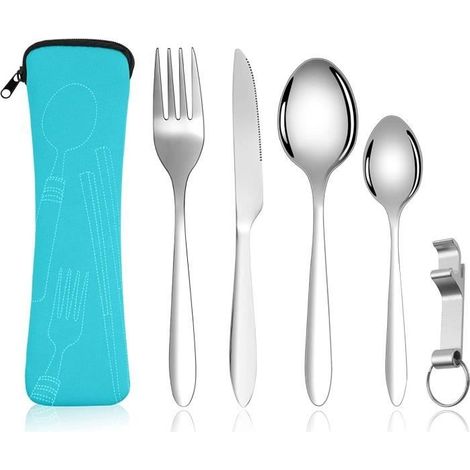 Ensemble de Couverts - Inox - 5 Pièces - Sac de Rangement - Pratique pour Camping et Voyage - Durable
