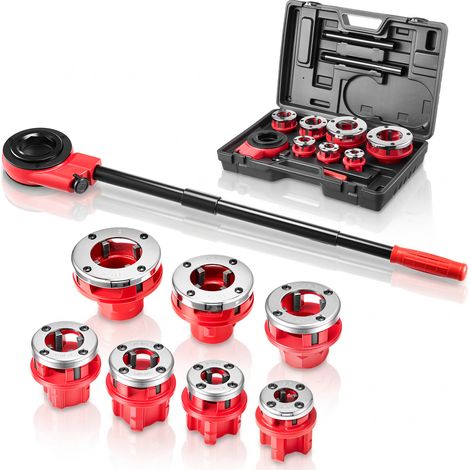 VEVOR Kit de Roscado de Tuberías con Trinquete, Roscadora Manual para Tubos con Trinquete, Juego de Terrajas con 7 Medidas BSPT de 3/8" a 2" NPT, Mango y Maletín Portátil para Instalación y Reparación (1/5)