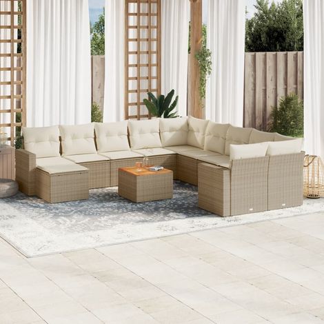 Ensemble Salon Jardin 12 Places Résine Tressée Beige avec Coussins et Table en Acacia (1/3)