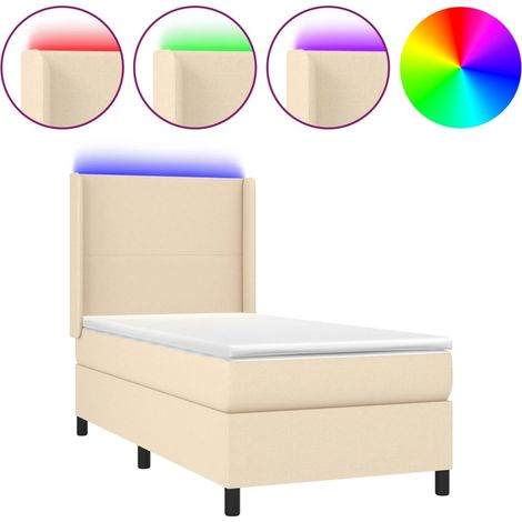 Lit simple Lit adulte Sommier à lattes de lit matelas et LED Crème 100x200 cm Tissu