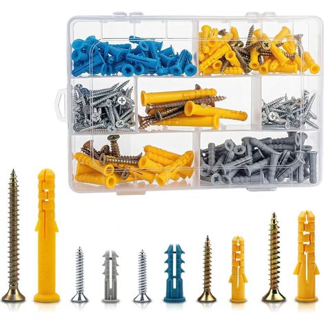 270 Pieces Concrete Screw and Dowel in 5 Sizes, Hollow Block Plug with Anti-Rotation System, Wall Anchors, Concrete, Brick, Plaster Plates (1/5)