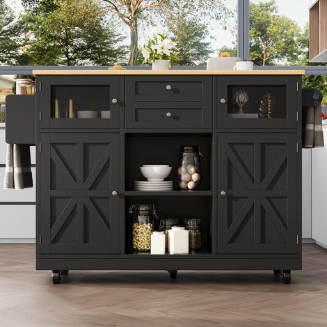Desserte de cuisine mobile avec comptoir, chariot de salle à manger, buffet de rangement, porte-serviettes, portes 3D, roulettes, étagères réglables, style bois, noir (1/5)