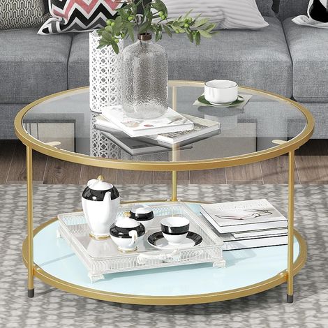Mesa de centro redonda moderna de cristal templado, 83,8 cm, para salón, comedor, sala de té, decoración del hogar con borde satinado, estructura metálica, protectores antideslizantes en las patas. (1/5)