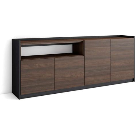 Aparador Algatocín-01 de 207x80x37 cm con 4 puertas, color roble oscuro y negro (1/4)