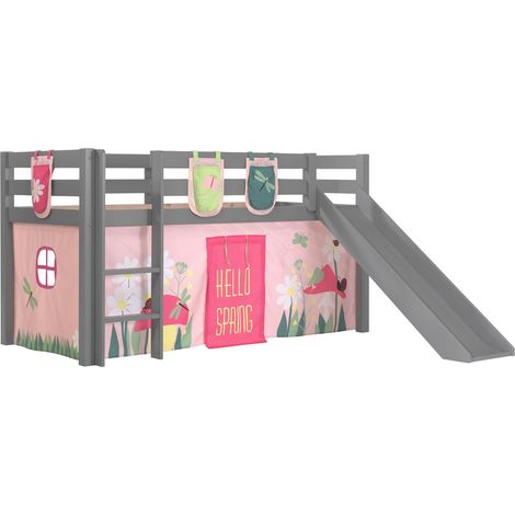 Lit toboggan 90x200 avec tente et 3 pochettes printemps pin massif gris Pino (1/3)