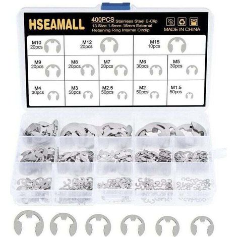 400PCS 13Size En Acier Inoxydable E-Clip Anneau De Retenue Externe Snap Kit De Assortiment Anneau Anneau De Circlips Interne 1.5 / 2 / 2.5 / 3/4/5/6/7/8/9/10/12 / 15mm Avec Boîte En Plastique, (1/5)