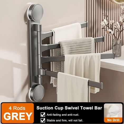 (Gris 4 niveaux - Chine continentale) Porte-serviettes à ventouses rotatif en aluminium, 2/3/4/5 barres, fixation murale pour cuisine et salle de bain. (1/5)