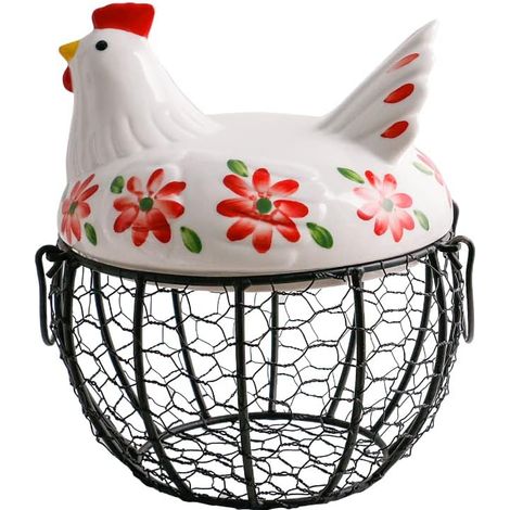 1 - Panier à œufs - Fil métallique - Céramique - Rangement 24 œufs - Couvercle décoratif - Cuisine - Noir