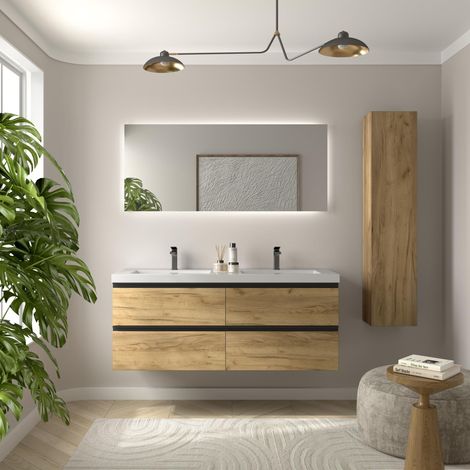 Cygnus Bath – Meuble de salle de bain 140cm – Vasque en charge minérale blanche – Tiroirs à fermeture amortie – Finition en MDF résistant à l'humidité (1/4)