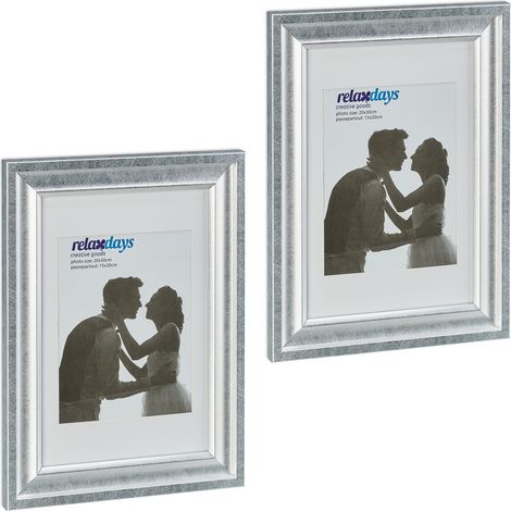 Relaxdays Set da 2 Cornici Portafoto, 20x30 cm, Porta Foto Passpartout, Verticale, Orizzontale, Muro e Tavolo, Argentato