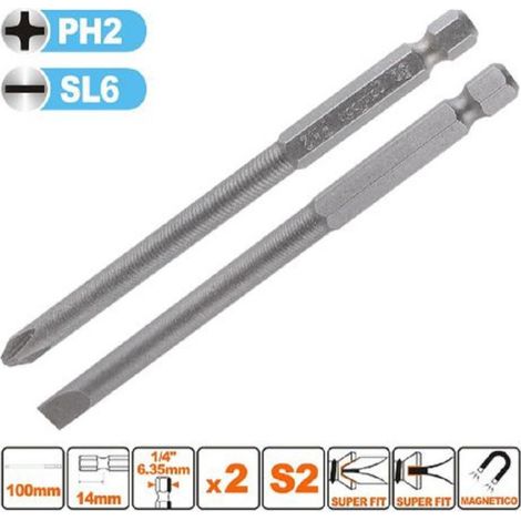 Trade Shop - Kit 2 Puntas 100mm Mango 1/4" 6.35mm Punta S2 Magnética Cruz Ph2 Corte Sl6 57250 - (1/2)