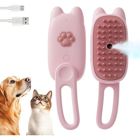Brosse pour chat avec fonction vapeur pour éliminer les poils morts, pour chatons à poils courts et à poils longs, rose (1/5)