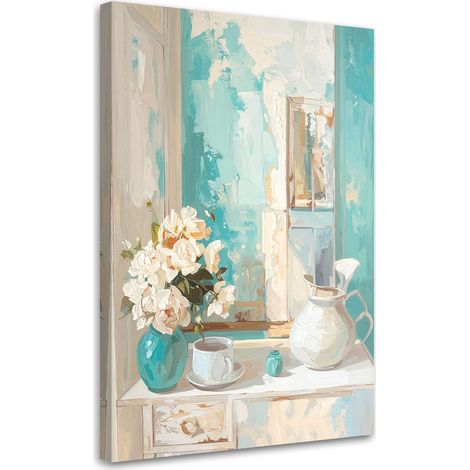 Impression sur Toile, Bouquet de nature morte dans les tons turquoise clair,30x45 (1/4)