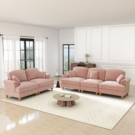 Klassisches 2-teiliges modulares Wohnzimmer-Sofa-Set mit Trichter-Armlehnen, abnehmbarer Rüschenschürze & spindelförmigen Beinen – 3-Sitzer & 2-Sitzer Loveseat aus Chenille,rosa