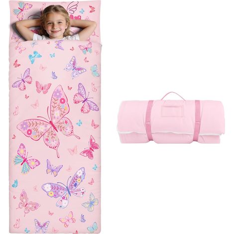 Sac de Couchage Chaud Enfant, Tapis de Sieste 150×60cm,Papillon rose (1/5)