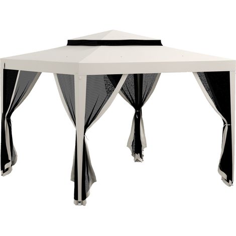 Gazebo da Giardino 300x300 cm con Zanzariera Doppio Tetto e 8 Fori in Acciaio e Poliestere Bianco Crema