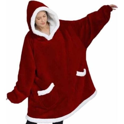 Plaid à Capuche Adulte 118x80cm Plaid Pull Couverture Canapé Polaire avec Manche Femme Homme avec Poche TV Hiver Rouge (1/4)