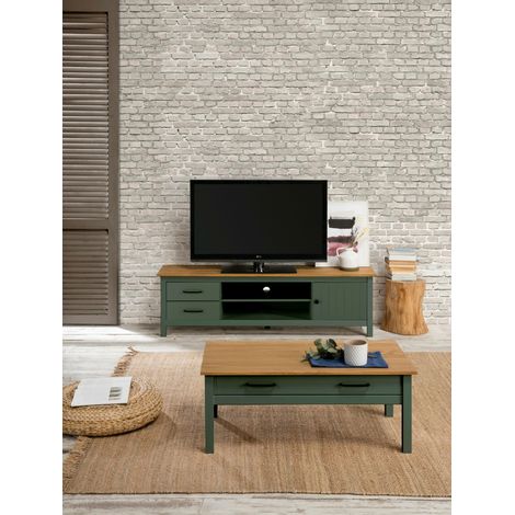 Mueble TV madera maciza 1 puerta 2 cajones pino verde y Miranda 158x40x47H (1/5)