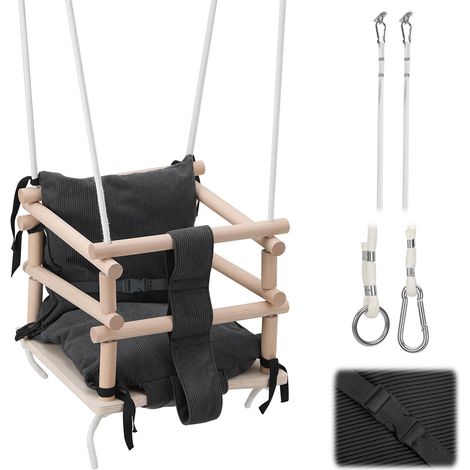 Randaco Kinderschaukelsitz aus Holz mit grauem Kissen, verstellbare Seile, Babyschaukel ab 12 Monaten (1/5)