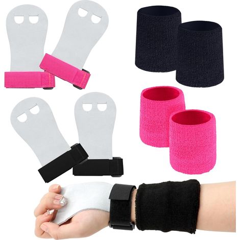 2 Paires Gants de Gym + 2 Paires Poignets de Sport, Protecteur Paume de Gym, Enfants Adultes Cuir Poignées pour Haltérophilie/Gymnastique/Crossfit/Sports Traction