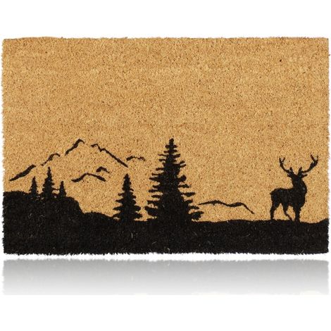 Relaxdays Coir Doormat Indoor & Outdoor, Deer, Trees and Mountains, Entrance Rug, Non-Slip, HxW: 60x40 cm, Natural/Black (1/5)