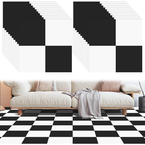 Pack of 20 PVC Flooring Self-Adhesive 30 x 30 cm Vinyl Floor Stickers, Black White Chessboard Design, Waterproof & Non-Slip Self-Adhesive Floor Tiles for Kitchen, Bathroom, Living Room (1/5)