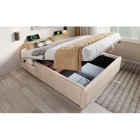 Lit coffre 160/200 cm beige et naturel en lin avec ports USB-C et sommier plein (1/5)