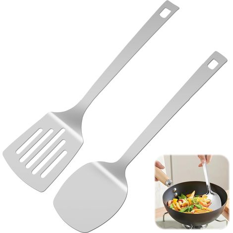 2 Pièces Spatule Cuisine Inox, Solide Spatules de Cuisine et Fente Poartiule, Spatule Metal Cuisine avec Trous de Suspension Poêles Antiadhésives pour Poisson, œufs, Crêpes (1/5)