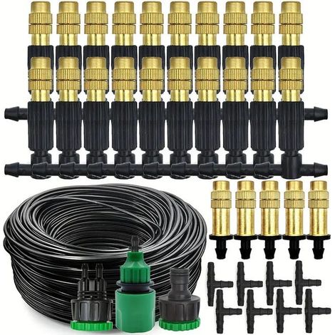 Sistema de riego para jardín, kit de riego con boquillas pulverizadoras de latón y manguera de 30 m, sistema de nebulización y refrigeración (1/5)