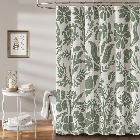 Filiyano-Rideau de douche vintage en lin à motif floral beige et vert pour salle de bain - Style champêtre moderne, fleurs et plantes à la Matisse (1/5)