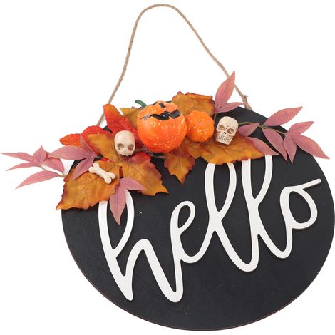 Rundes Türschild aus Holz im Landhausstil, Halloween- und Weihnachtsdekoration mit lila Blatt und Kürbis (1/5)