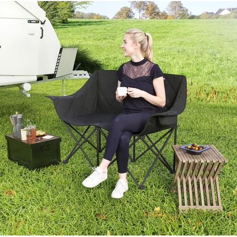 Chaise de camping pliante 2 places en polyester noir, structure métal, avec 2 sacs isothermes et housse de transport (1/5)