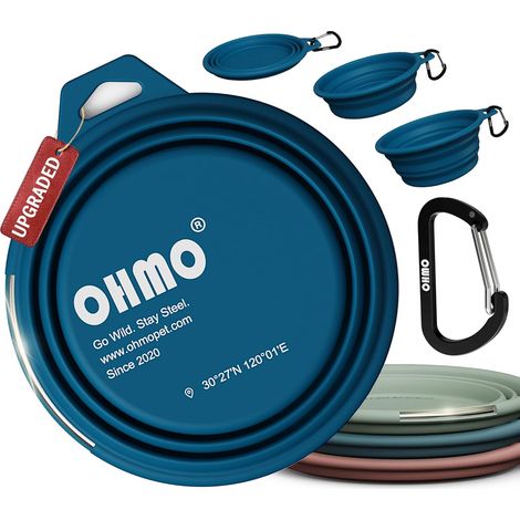 Foldable Dog Cat Bowl with Integrated Stainless Steel Ring, 800 ml Silicone Portable Travel Bowl, Essential Accessory for Walking and Camping, Peacock Blue (1/5)