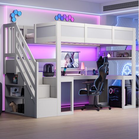 Lit mezzanine gaming 90x200 cm avec bureau, escalier de rangement, LED et port USB blanc (1/5)