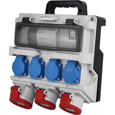 Tableau électrique de chantier à 12 modules avec poignée, IP44, 4x230 V SCHUKO, 2x16 A, 32 A, Doktorvolt, sans protections, DV-4919-D (1/5)